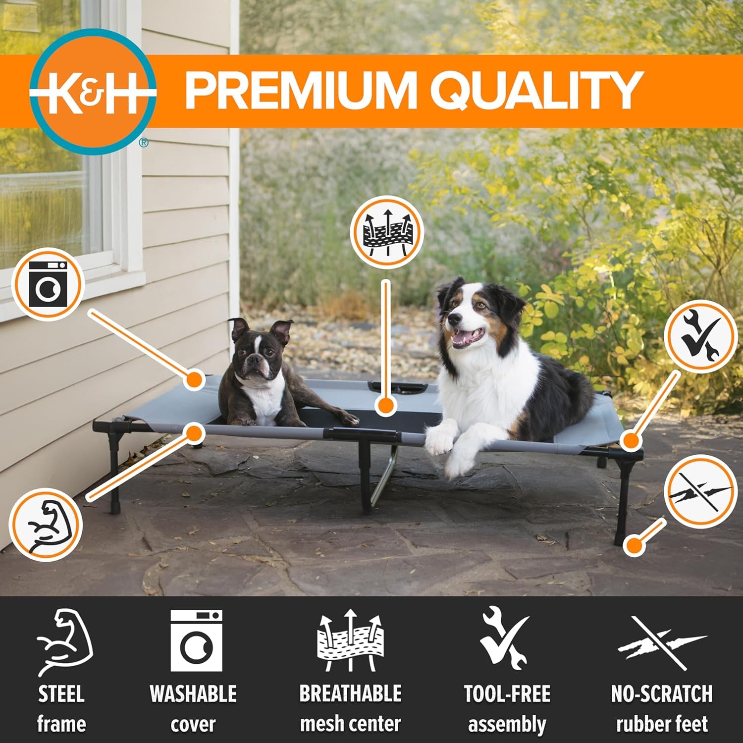 K&H Outdoor Elevated Dog Bed - Cooling Raised Dog Bed for Large & Extra-Large Pets, Breathable Mesh Center Hammock Design, Indoor/Outdoor Washable Cover, Portable Metal Frame, Gray, XL 50X32In