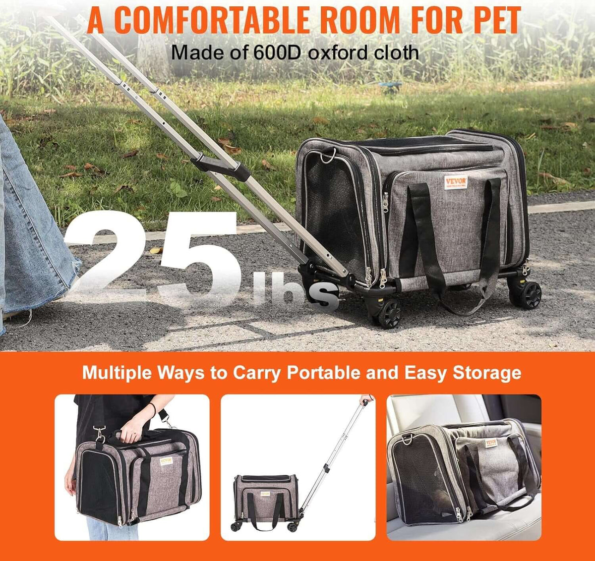 TAILSOFHOME Cat Carrier with Wheels for Travel and Transport