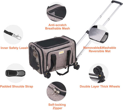 TAILSOFHOME Cat Carrier with Wheels for Travel and Transport