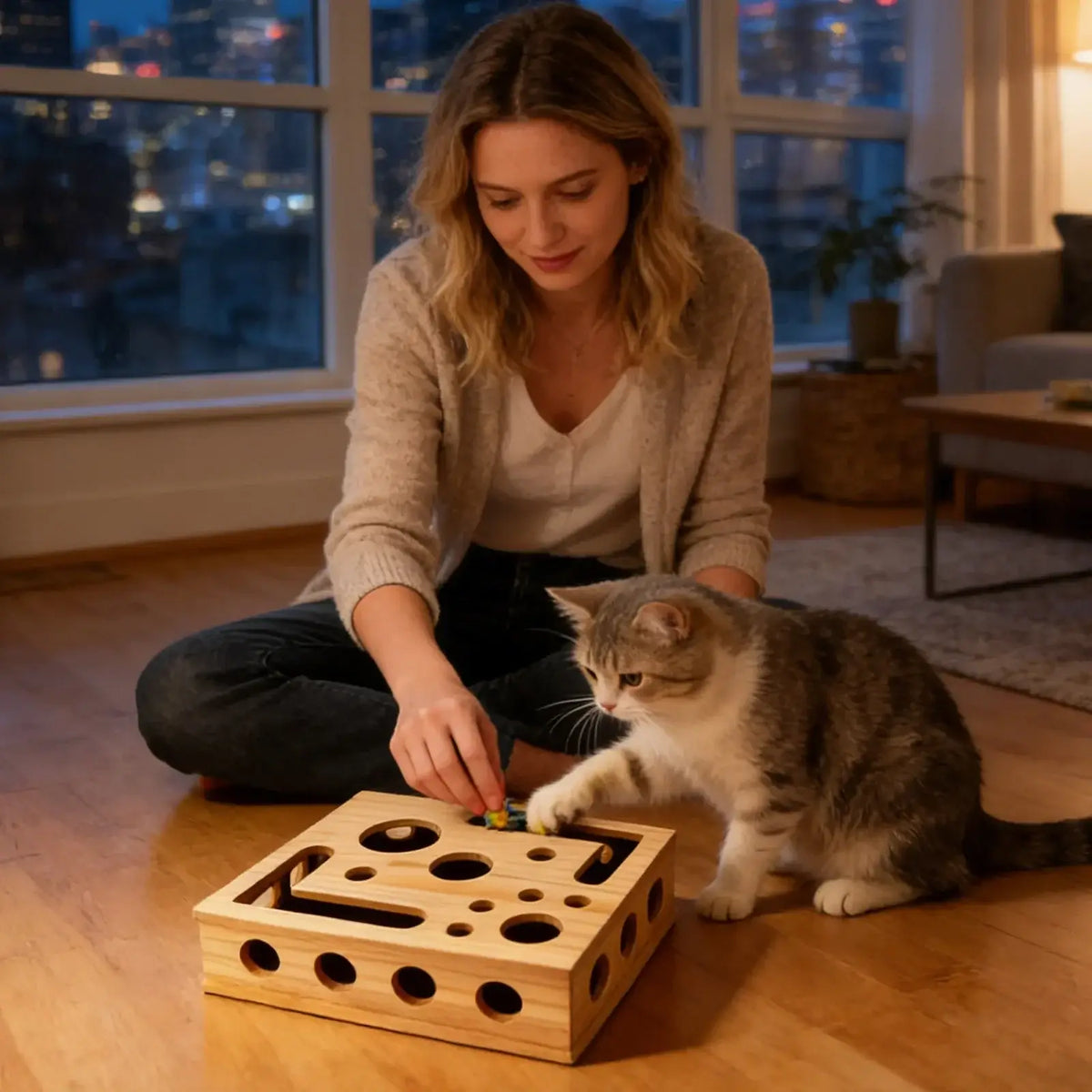 TAILSOFHOME Interactive Wooden Cat Maze Treat Dispenser Toy