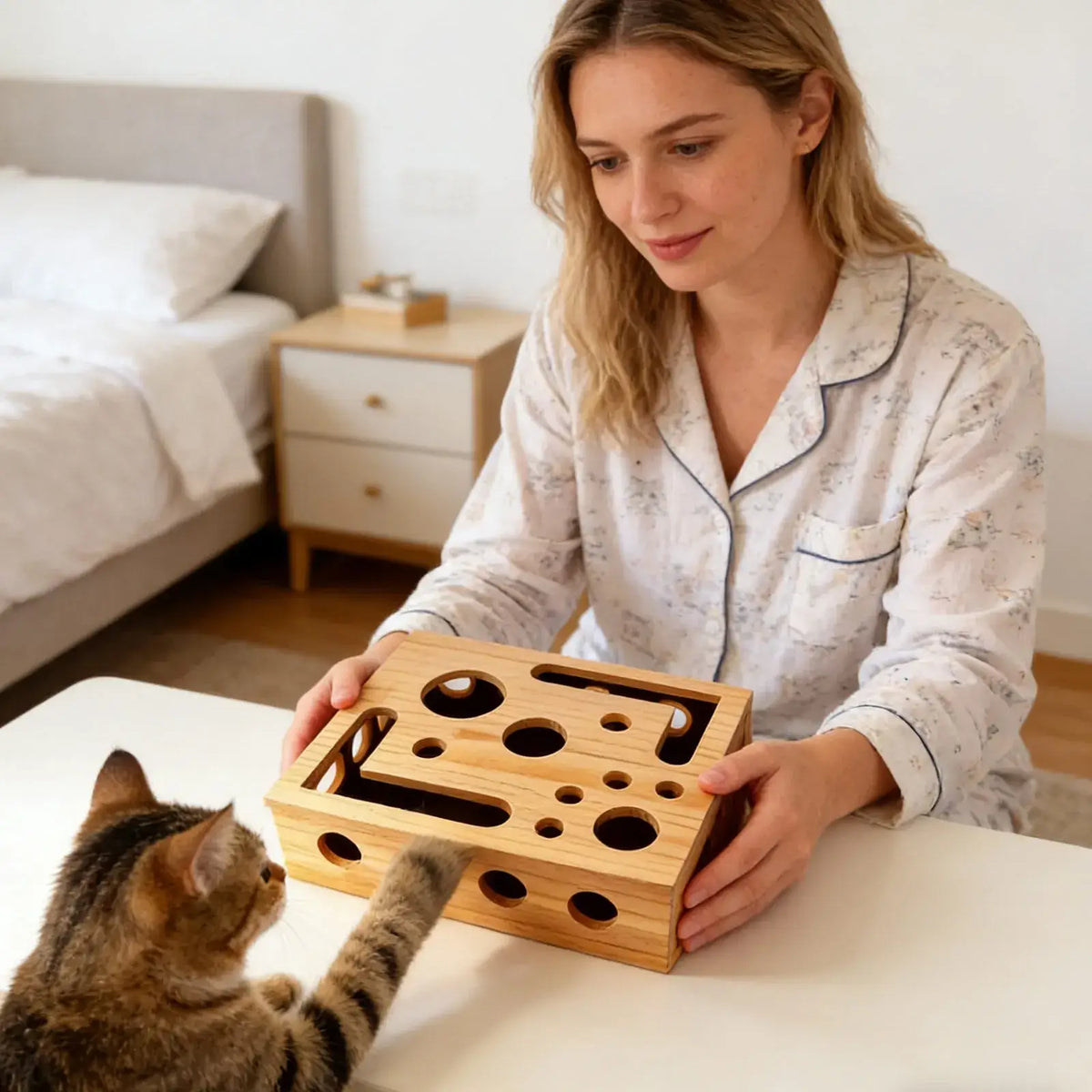 TAILSOFHOME Interactive Wooden Cat Maze Treat Dispenser Toy