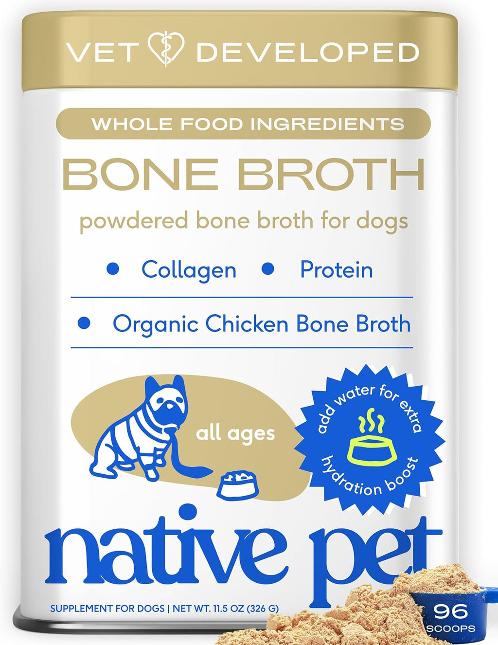 Bone Broth for Dogs and Cats - Chicken Bone Broth Powder Dog Food Toppers for Picky Eaters - Provides Extra Nutrition for Joint Strength, Immune Support & Heart Health - 96 Scoops