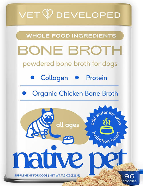 Bone Broth for Dogs and Cats - Chicken Bone Broth Powder Dog Food Toppers for Picky Eaters - Provides Extra Nutrition for Joint Strength, Immune Support & Heart Health - 96 Scoops