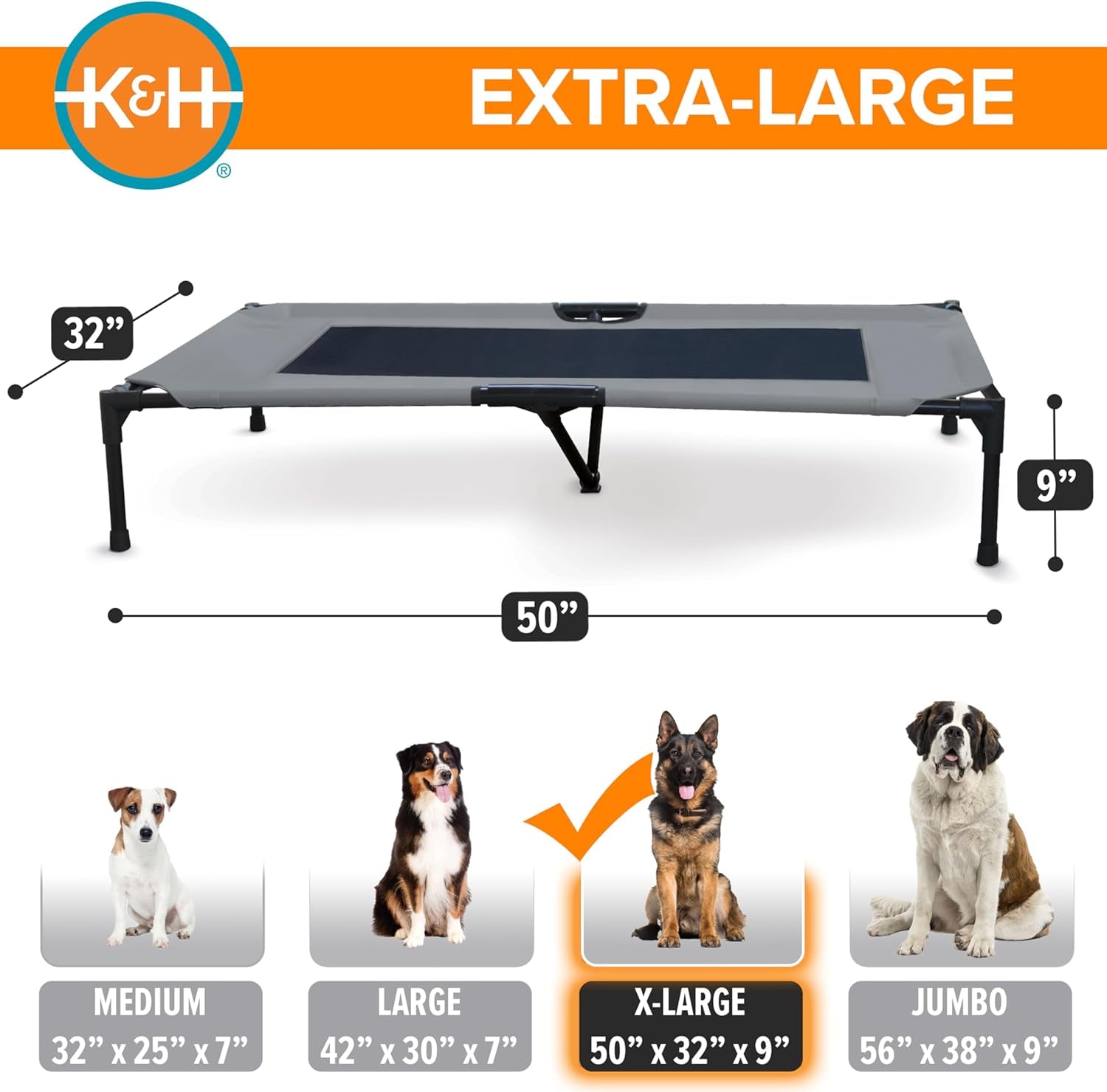 K&H Outdoor Elevated Dog Bed - Cooling Raised Dog Bed for Large & Extra-Large Pets, Breathable Mesh Center Hammock Design, Indoor/Outdoor Washable Cover, Portable Metal Frame, Gray, XL 50X32In